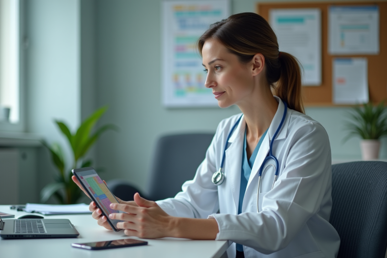 Administratrice de santé au bureau avec tablette et planning