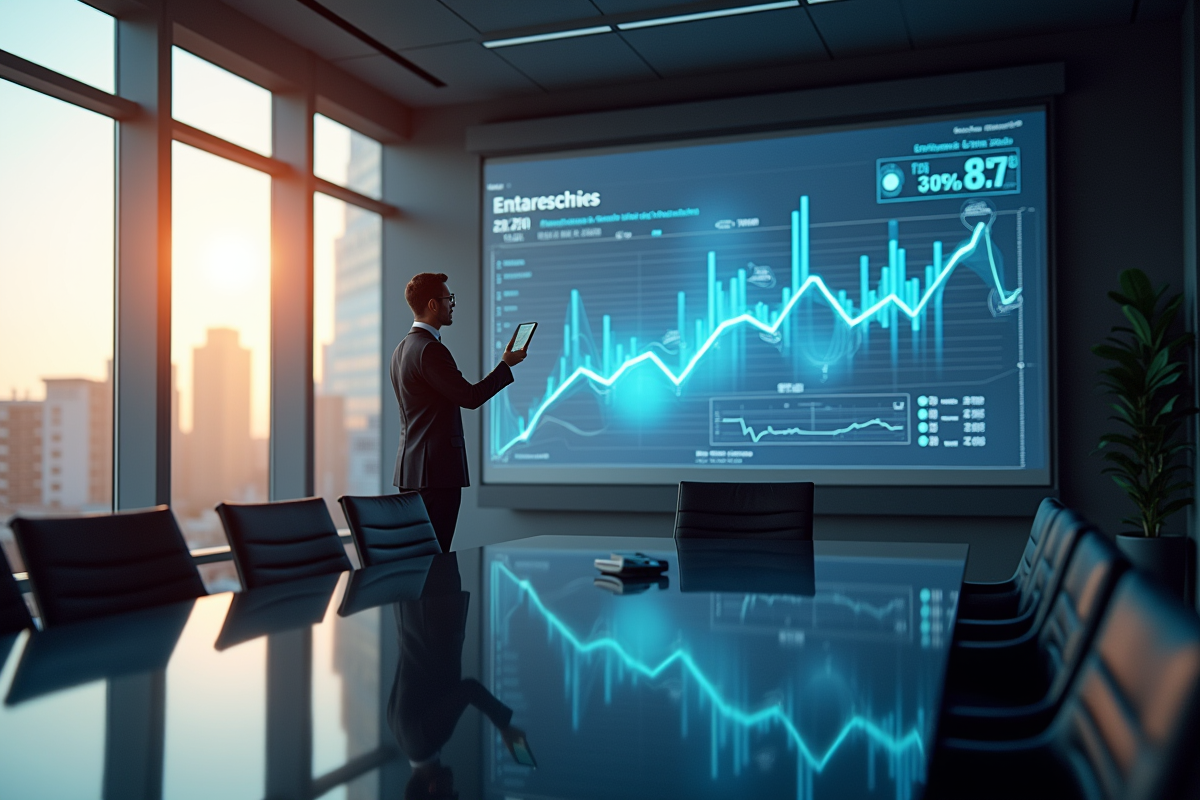 Personne analysant des graphiques dans une salle lumineuse