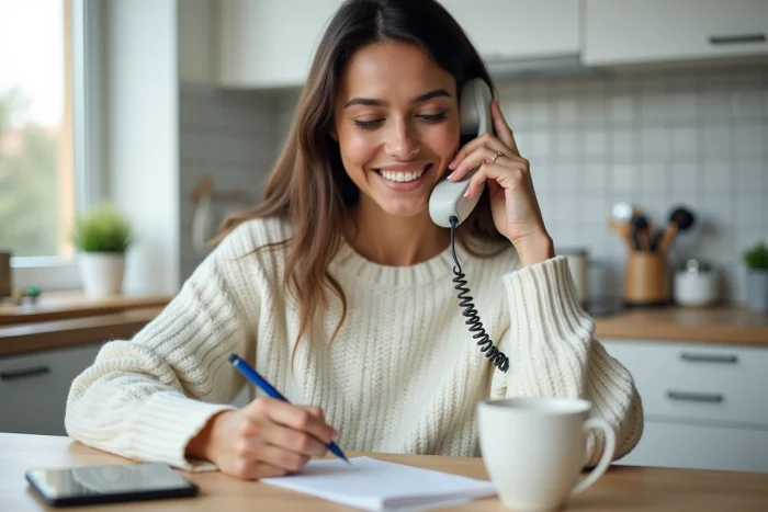 Femme prenant des notes lors d'un appel au service client Flying Blue depuis chez elle