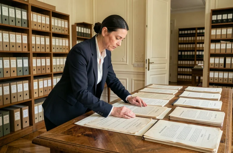 Archiviste examinant des documents officiels dans une salle d'archives française