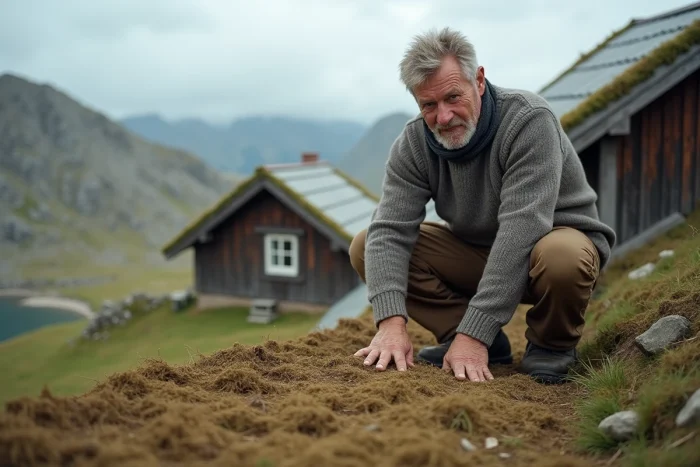 Artisan norvégien d'une cinquantaine d'années posant des plaques de gazon frais sur un toit traditionnel en herbe, avec un paysage de collines rocheuses en arrière-plan