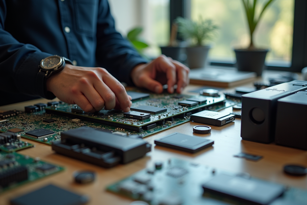 Mains assemblant des composants informatiques sur un bureau en bois
