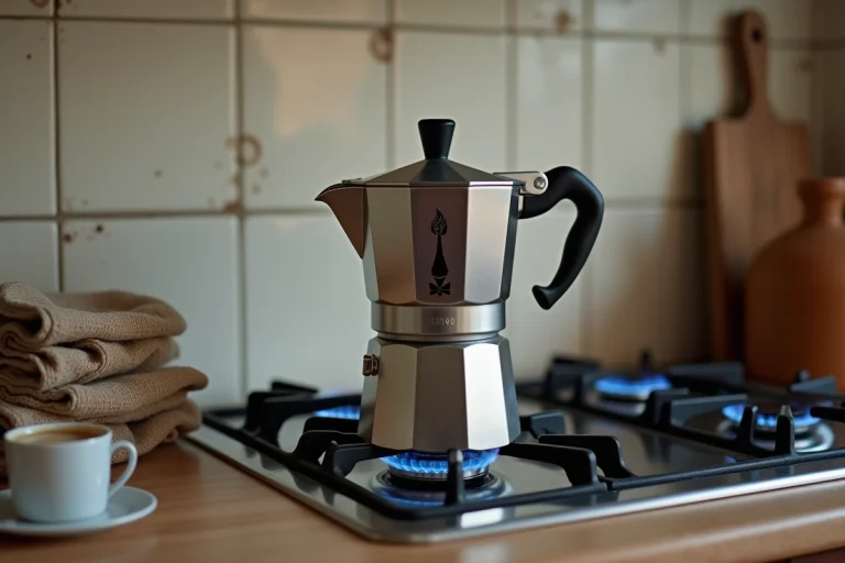 Cafetière moka en acier inoxydable sur un brûleur à gaz avec vapeur s'échappant du bec verseur dans une cuisine rustique