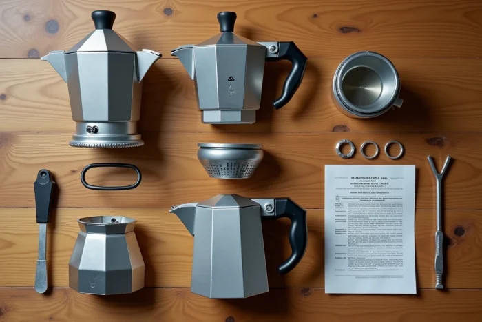 Cafetière moka démontée avec toutes ses pièces disposées sur une table en bois avec une fiche de consignes de sécurité