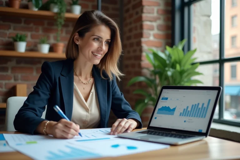 Cheffe d'entreprise analysant des graphiques de croissance pour développer sa PME en 2024