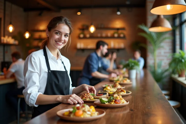 Jeune femme en bar à tapas arrangeant des plats colorés