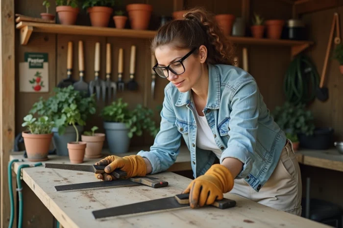 Femme comparant différents modèles d'élagueuses sur un établi en bois dans un abri de jardin