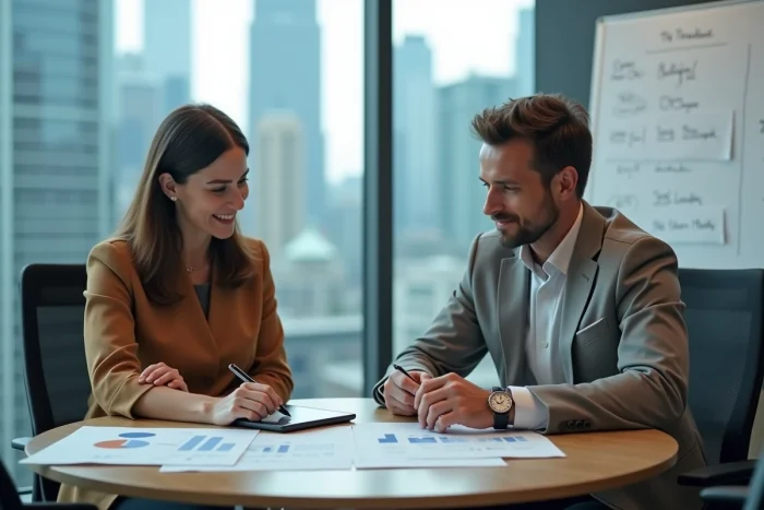 Deux professionnels collaborant sur une stratégie de développement de business en ligne lors d'une réunion