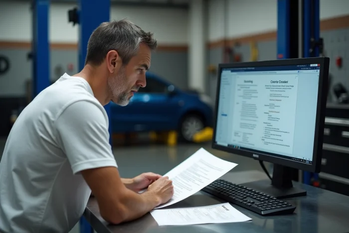 Mécanicien comparant une revue technique automobile imprimée et un PDF sur ordinateur dans un garage professionnel