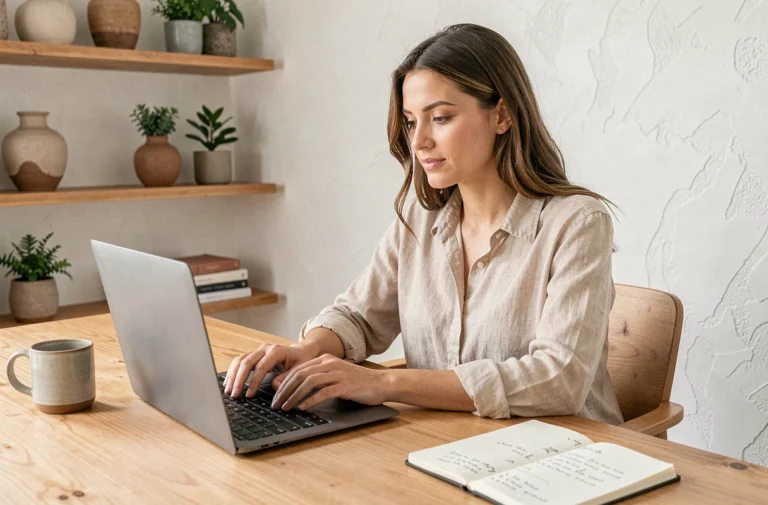 Femme contactant un blog déco depuis son bureau à domicile en tapant un message sur son ordinateur portable