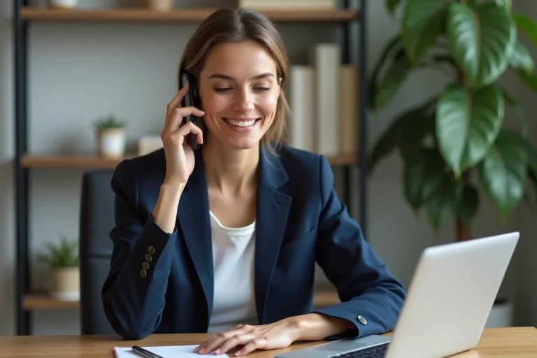 Femme contactant le service client Flying Blue par téléphone depuis son bureau à domicile