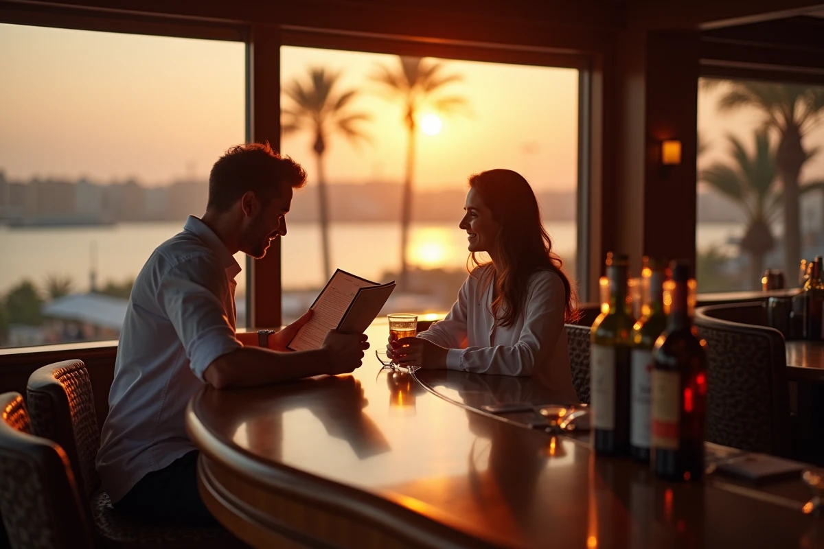 Jeune couple regardant la carte des boissons au bar du bateau Nile
