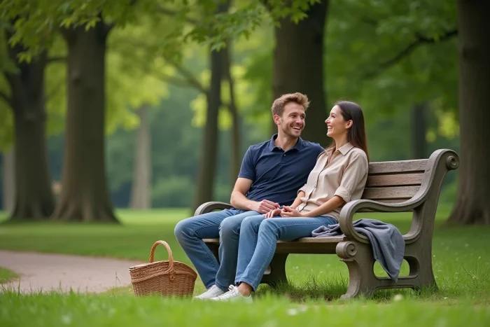 Casal cúmplice compartilhando um momento de riso descontraído em um parque verdejante, ilustrando um relacionamento amoroso preservado da fama