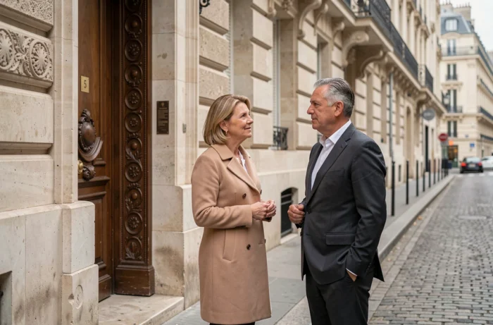 Couple de professionnels devant un immeuble haussmannien à Paris