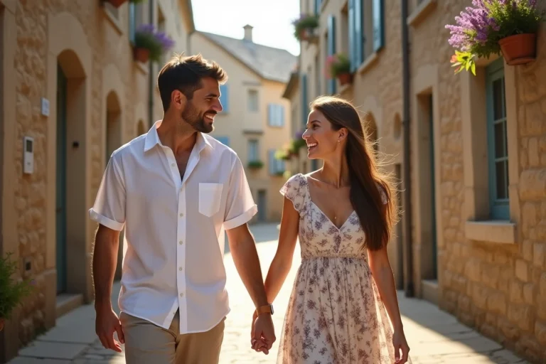 Couple complice se promenant main dans la main dans une rue pavée d'un village français, loin des regards médiatiques
