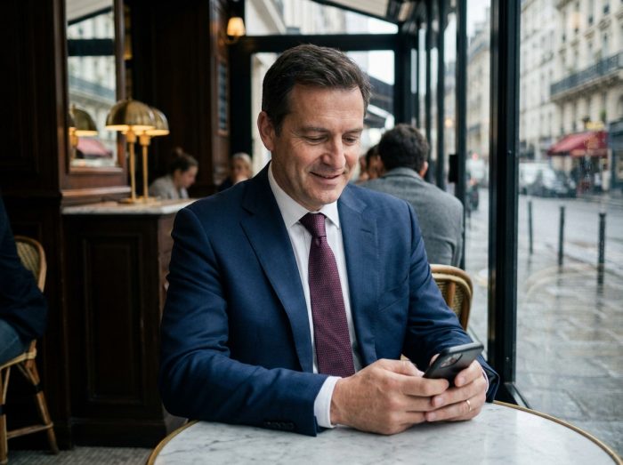 Homme élégant en costume marine avec cravate bordeaux assis dans un café parisien, exemple de cravate bien assortie à la tenue
