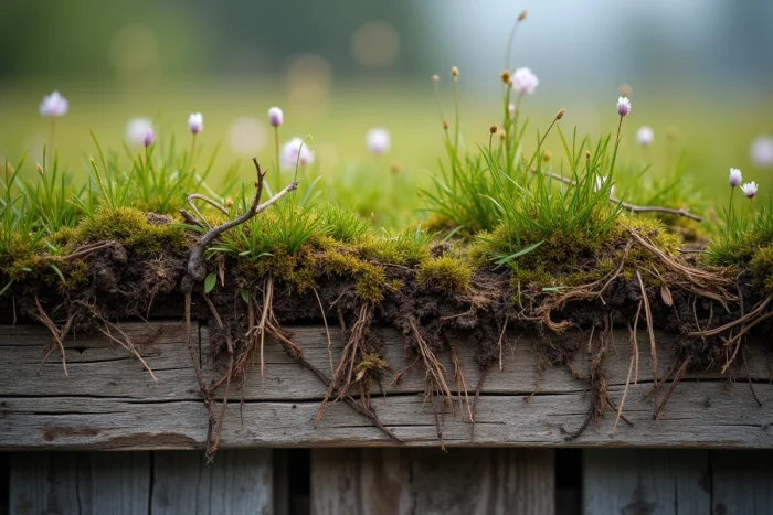 Gros plan sur la coupe transversale d'un toit en herbe norvégien montrant les couches de terre, de racines et de végétation vivante avec des plantes alpines et de la mousse