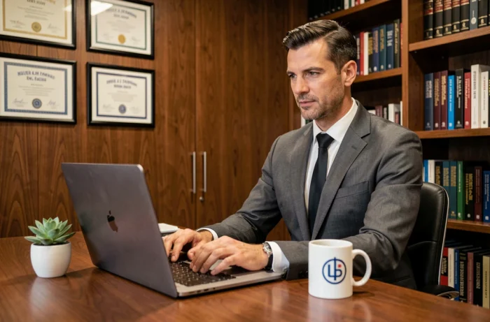 Dirigeant masculin en costume gris travaillant sur son ordinateur portable dans un bureau exécutif élégant