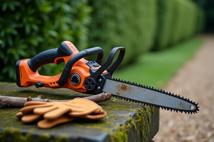 Élagueuse électrique sans fil posée sur une pierre moussue avec une branche coupée et des gants de jardinage