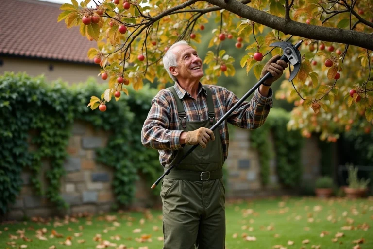 Homme utilisant une élagueuse à perche pour tailler les branches d'un pommier dans un jardin en automne