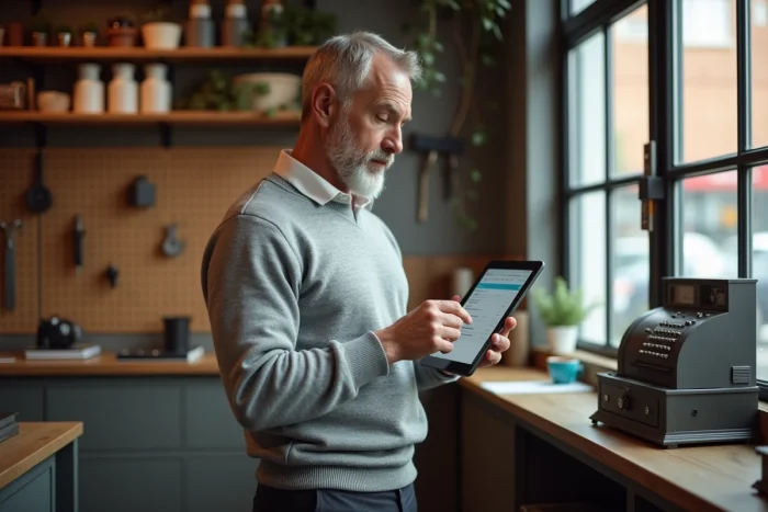 Entrepreneur consultant des ressources en ligne sur tablette dans sa boutique artisanale