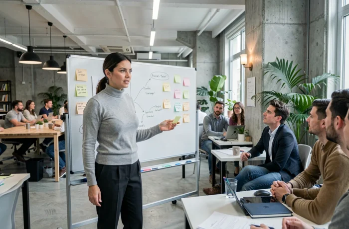 Entrepreneuse présentant ses idées sur un tableau blanc à une équipe dans un espace de coworking, symbolisant le leadership et la réussite professionnelle féminine