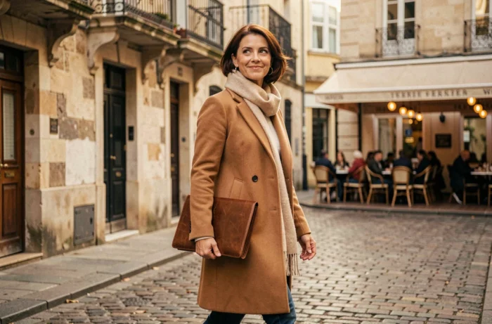 Femme d'affaires élégante marchant dans une rue pavée européenne avec un portfolio en cuir, évoquant le parcours ambitieux et inspirant d'une entrepreneure moderne