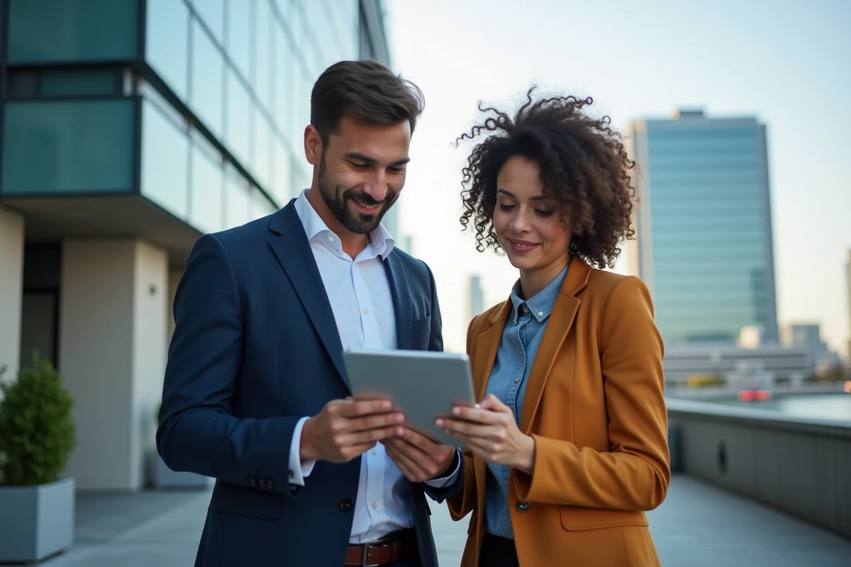 Deux entrepreneurs discutant devant un bâtiment moderne en extérieur