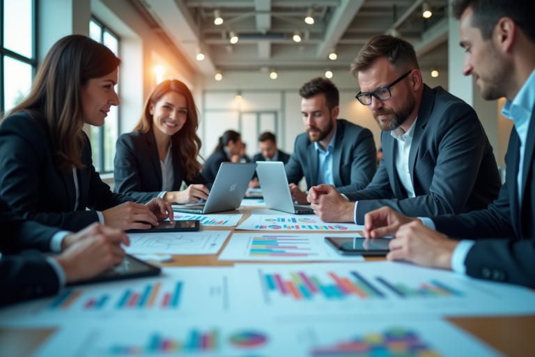Groupe de professionnels collaborant autour de données numériques