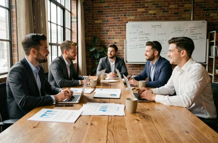 Équipe d'entrepreneurs collaborant autour d'une table en bois dans un espace de co-working avec stratégie d'entreprise