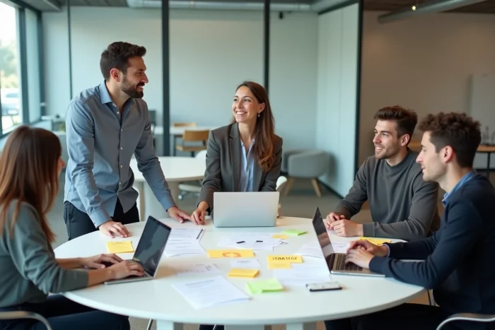 Équipe de PME en réunion stratégique dans un espace de coworking moderne
