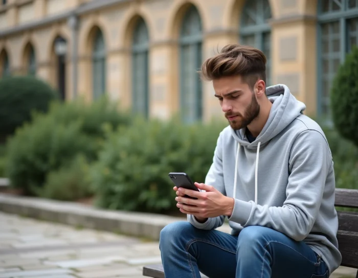 Étudiant consultant une réponse de candidature sur son smartphone dans une cour de campus universitaire français
