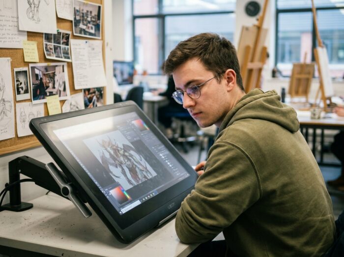 Étudiant en concept art travaillant sur une tablette graphique Cintiq dans un espace de travail partagé d'école d'illustration