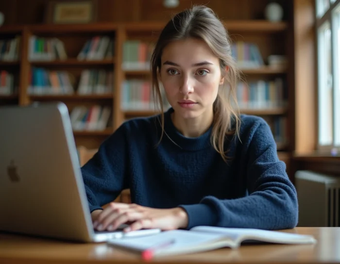 Étudiante consultant sa liste d'attente sur eCandidat depuis un ordinateur portable en bibliothèque universitaire