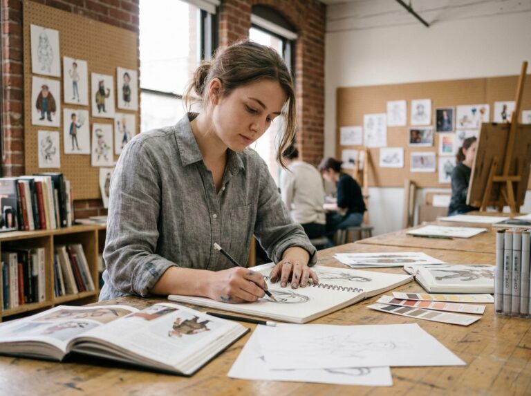 Étudiante en illustration dessinant des concept arts dans un studio d'école d'art contemporain
