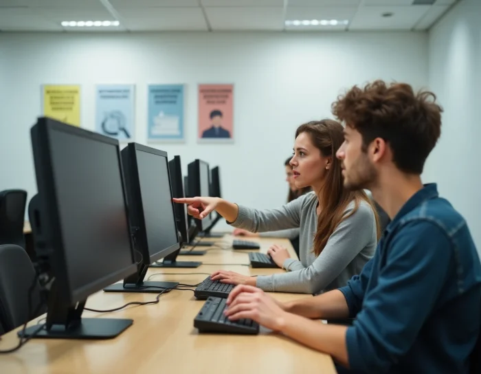 Deux étudiants analysant ensemble une réponse eCandidat sur un ordinateur dans un bureau administratif universitaire