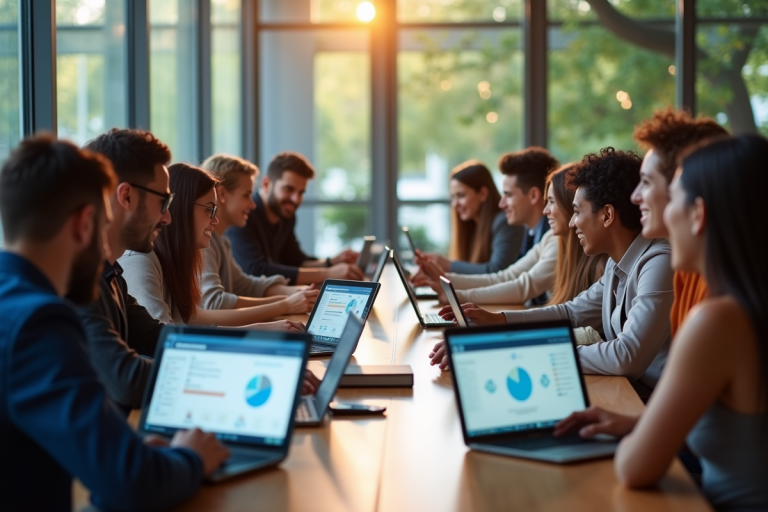 Groupe d'étudiants divers utilisant un portail numérique