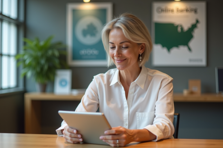 Femme d'affaires utilisant une tablette dans une agence bancaire