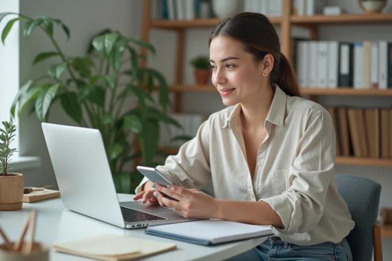 Jeune femme au bureau en ligne avec ordinateur et smartphone