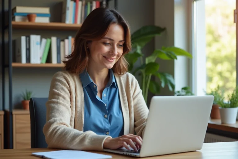 Femme au bureau se connectant à Zimmailbox sur ordinateur
