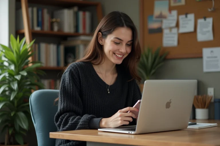 Jeune femme au bureau cosy avec ordinateur et plantes