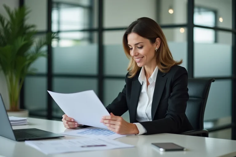 Femme en bureau lisant des documents officiels