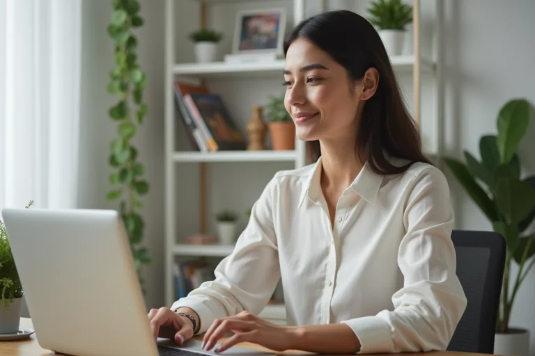Femme en bureau moderne utilisant un ordinateur portable