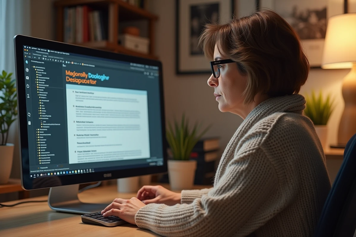 Femme lisant des conseils de securite en ligne au bureau