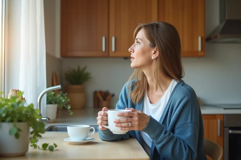 Femme assise dans une cuisine lumineuse et chaleureuse