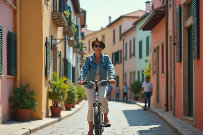 Femme à vélo dans un village européen coloré