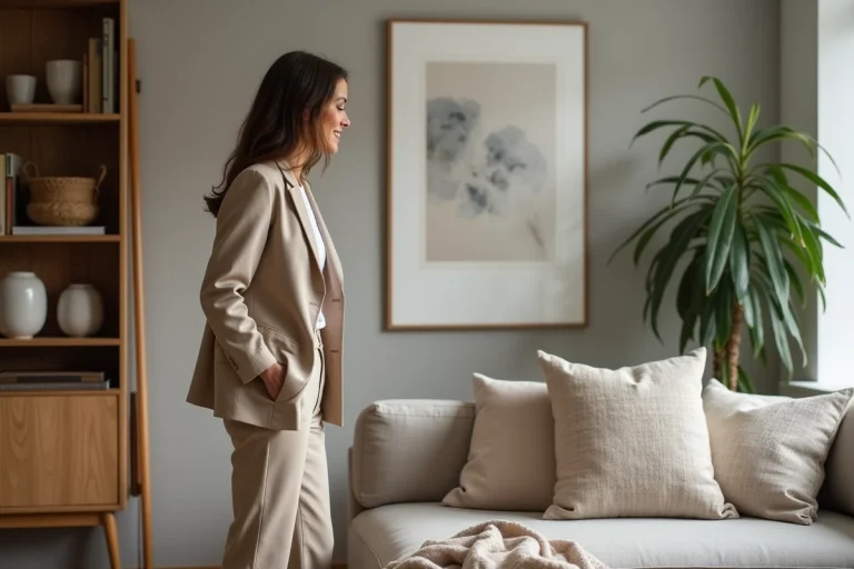 Femme élégante arrangeant la décoration intérieure scandinave