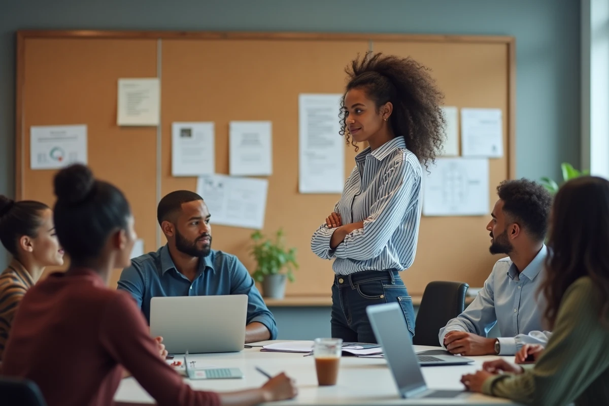 Femme en réunion discutant avec une équipe dans un bureau