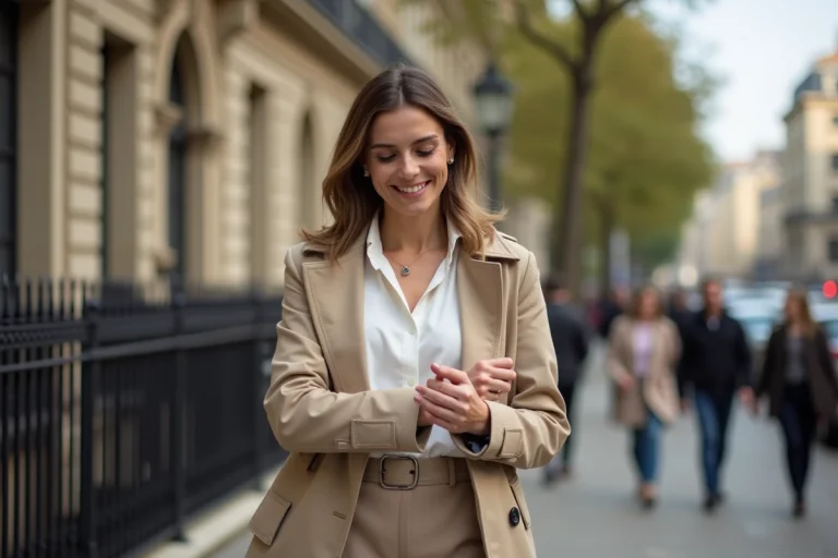 Femme élégante en trench beige dans une rue parisienne
