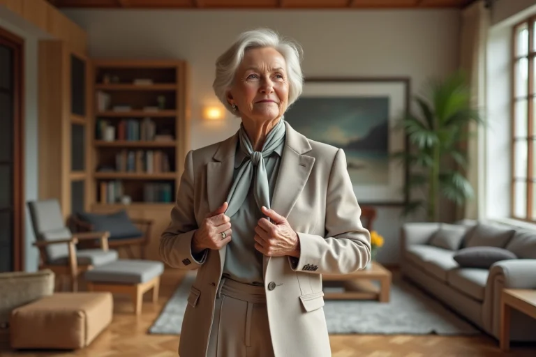 Femme élégante de 60 ans dans un salon lumineux
